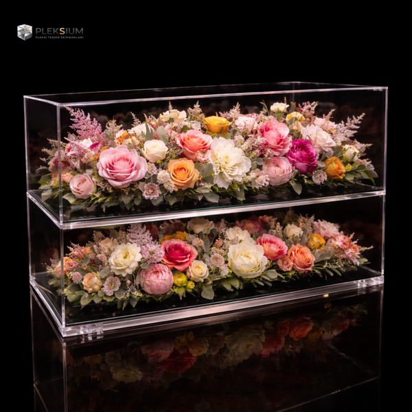 Pleksium çiçek teşhir pleksi kutusu dekoratif ürünler ve hediyelik sunum için şeffaf akrilik kutu