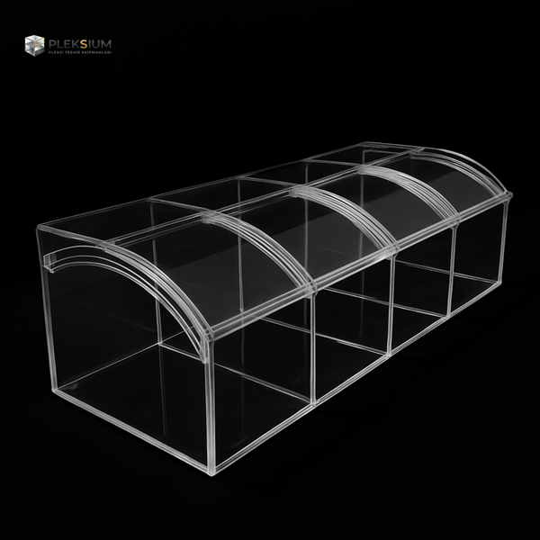 Pleksium oval kapaklı pleksi teşhir standı kuruyemiş ve pastane ürünleri için premium sunum