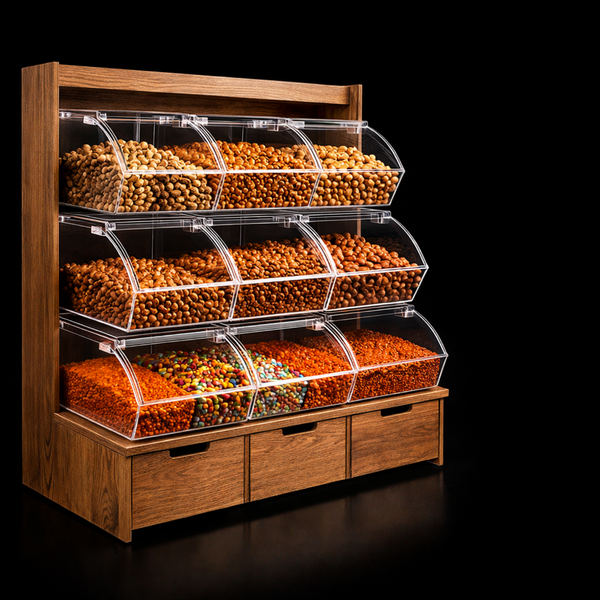 Pleksium ahşap tabanlı pleksi kuruyemiş standı market ve şarküteri için premium teşhir çözümü